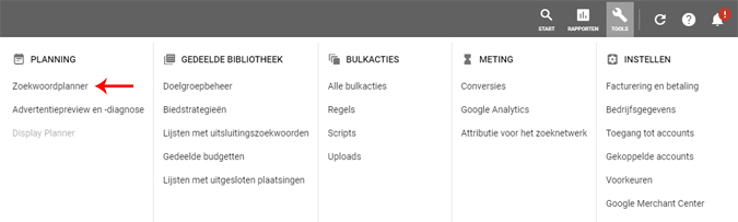 Screenshot van de zoekwoordplanner van Google Ads