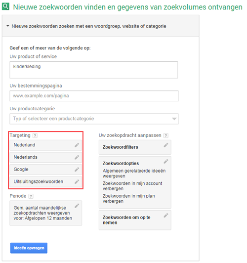 Zoekwoordenplanner targeting instellen